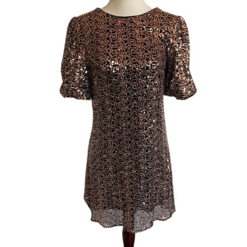 Eliza J Womens Bronze Black Sequin Puff Sleeve Shift Mini Dress Size 10